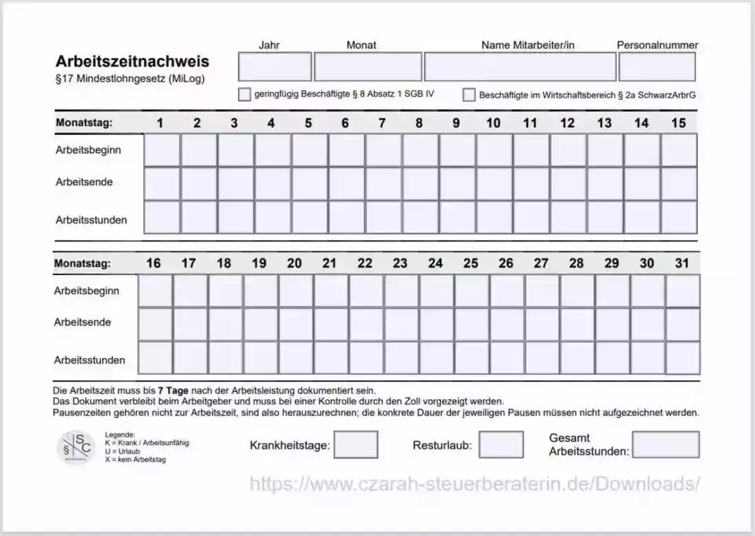 Arbeitszeitnachweis als ausfüllbare PDF