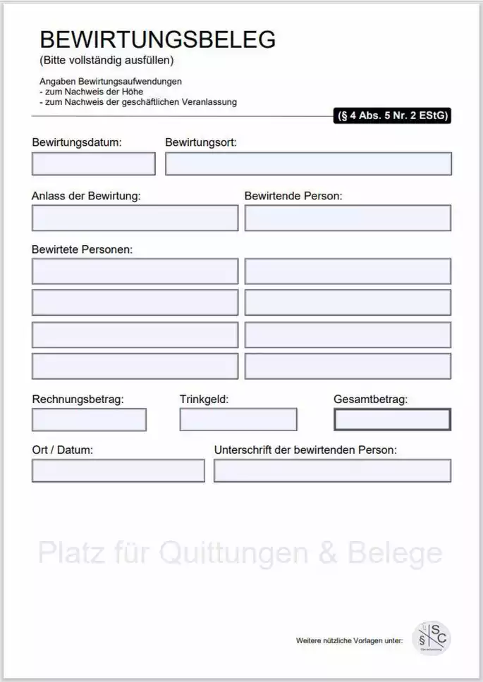 Bewirtungsbeleg als ausfüllbare PDF